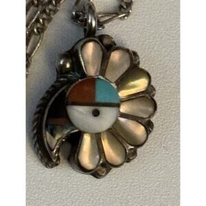 Ruth Lonjose Zuni Sterling Silver Sunface Pendant Necklace Turquoise Coral Inlay